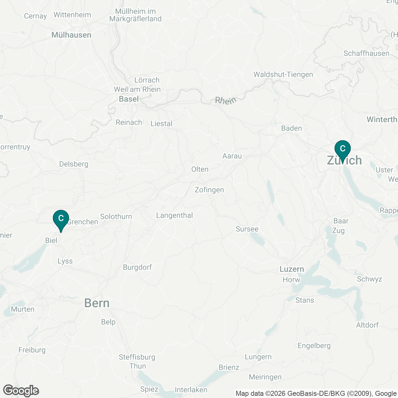 Map of Switzerland showing the Cordewener stores in Zurich and Biel